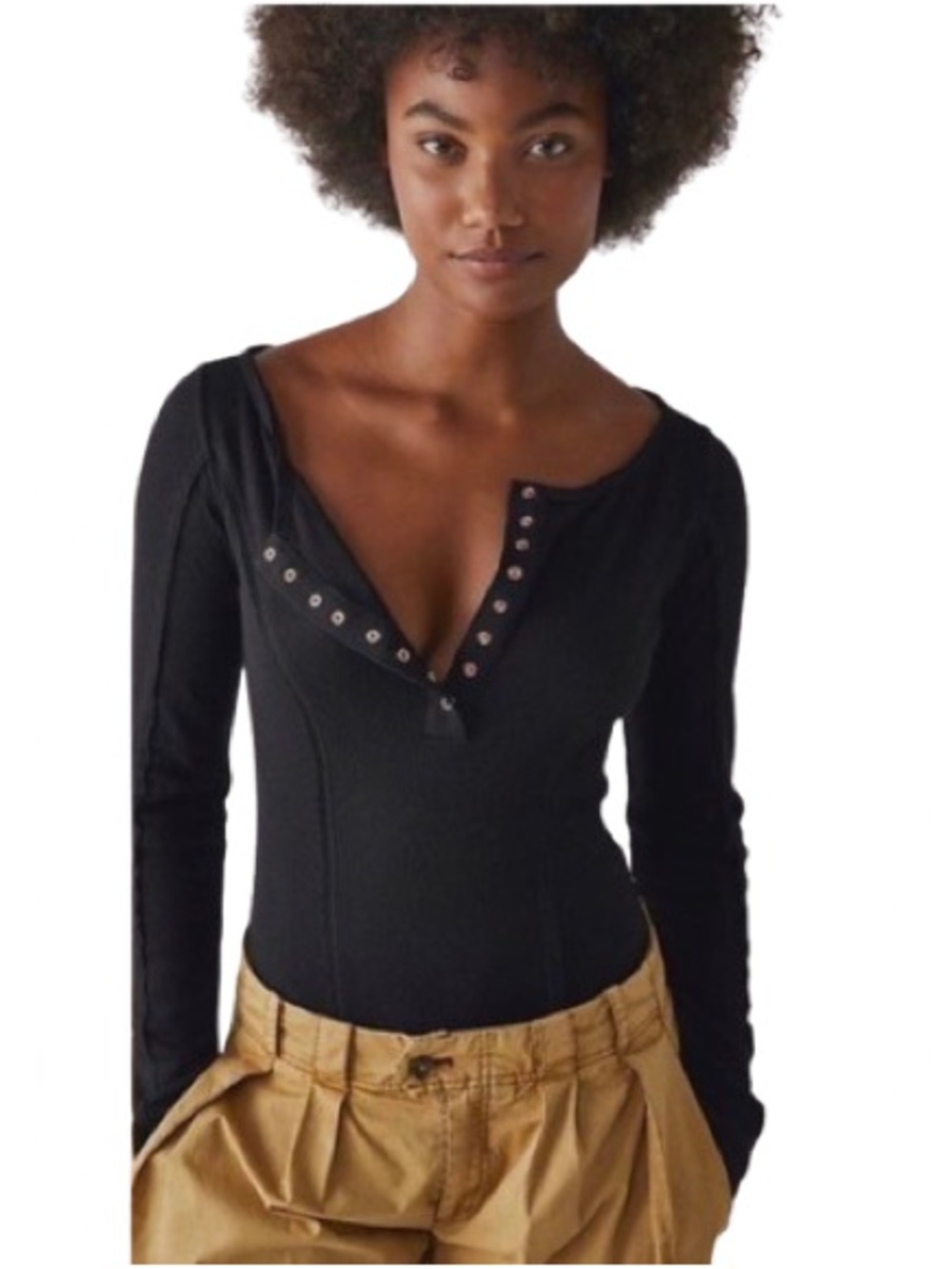 NWT Free People Sloan Black Ribbed Snap-Front Long Sleeve Bodysuit Size S